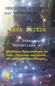 Einladung zur Weihnachtsfeier im Haus Frieda am 17. Dezember 2024 um 16 Uhr mit Stolle, Plätzchen und Weihnachtsmusik
