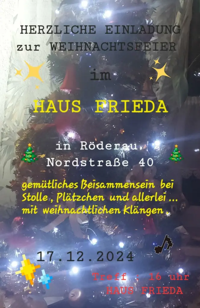 Einladung zur Weihnachtsfeier im Haus Frieda am 17. Dezember 2024 um 16 Uhr mit Stolle, Plätzchen und Weihnachtsmusik